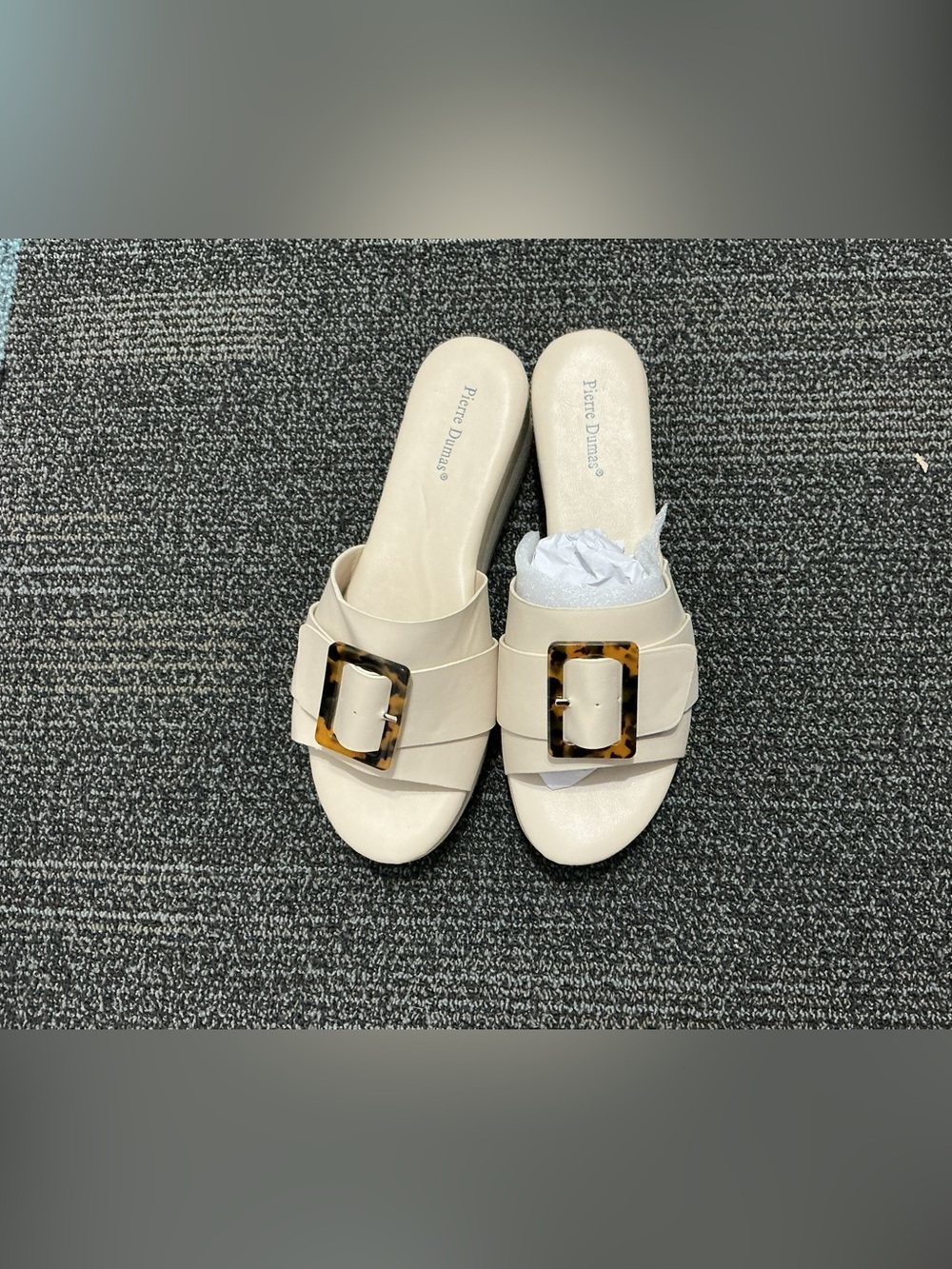 Pierre Dumas Cream Slide Mules with Tortoise Buckle